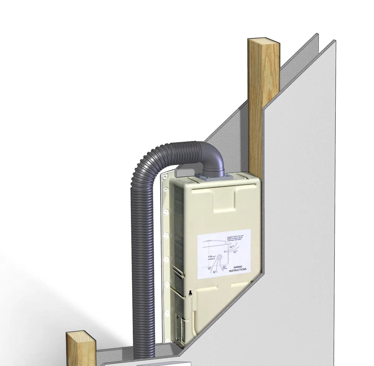 Cut-away of a remote-mounted install: the power unit between two studs with flexible pipe running to it